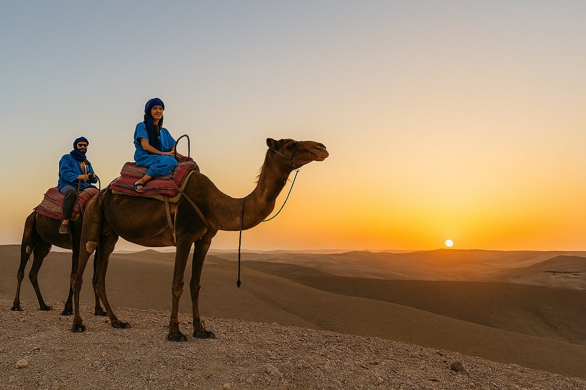 Camp dans le désert d'Agafay au coucher du soleil